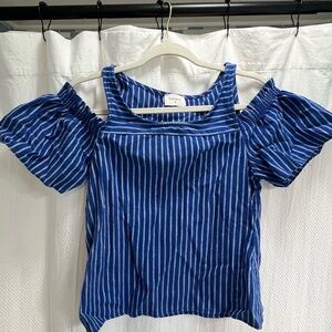 Blue and white stripe cotton cold shoulder top size S